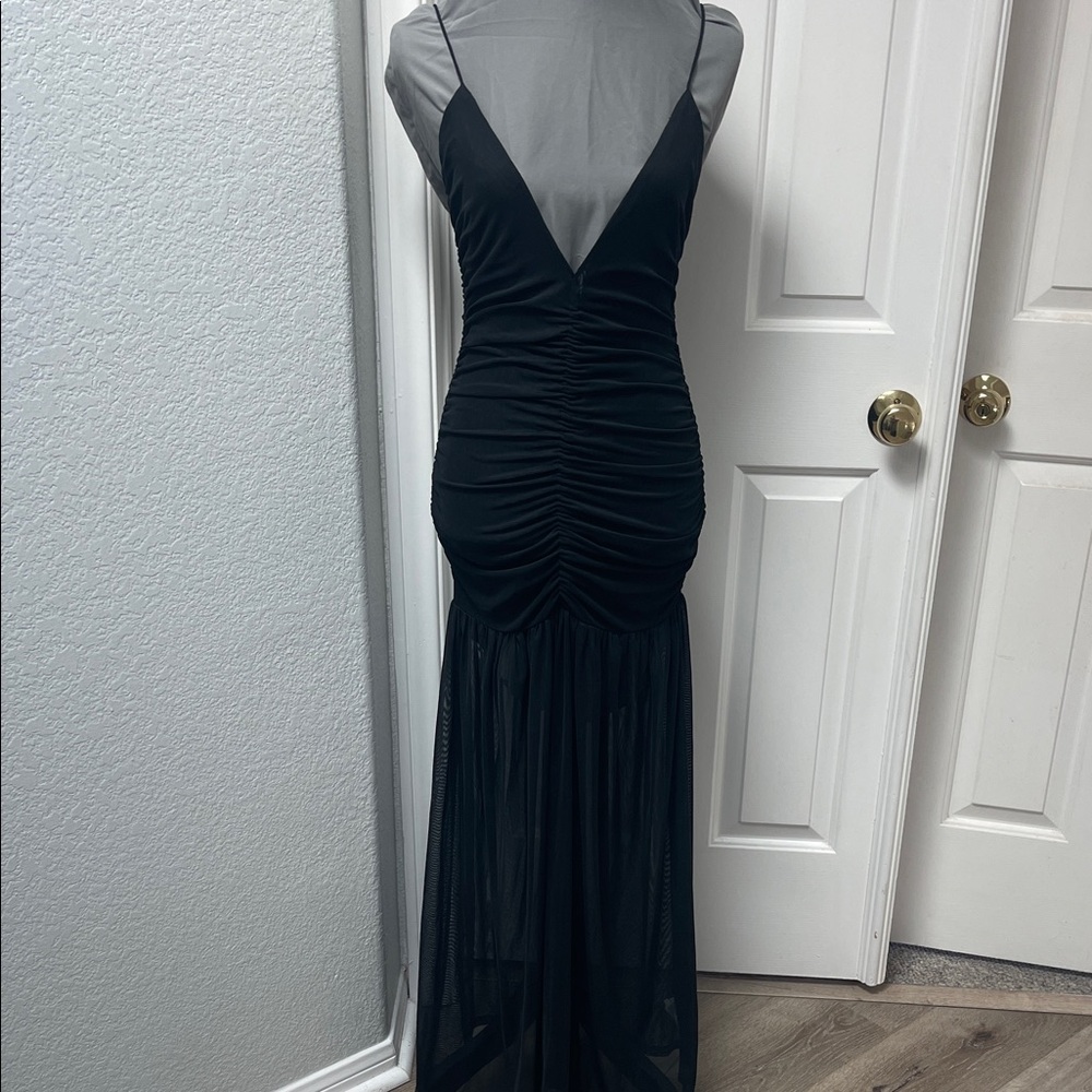Muse Black Ruched Mesh V-Neck Maxi Dress